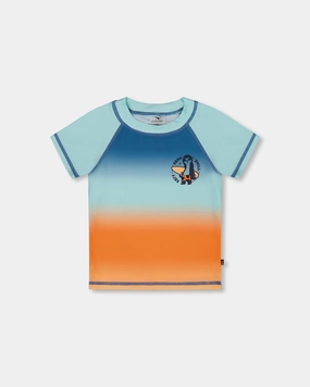 Short Sleeve Rashguard Navy Blue, Turquoise, And Orange Flexible Waistband Statement Piece