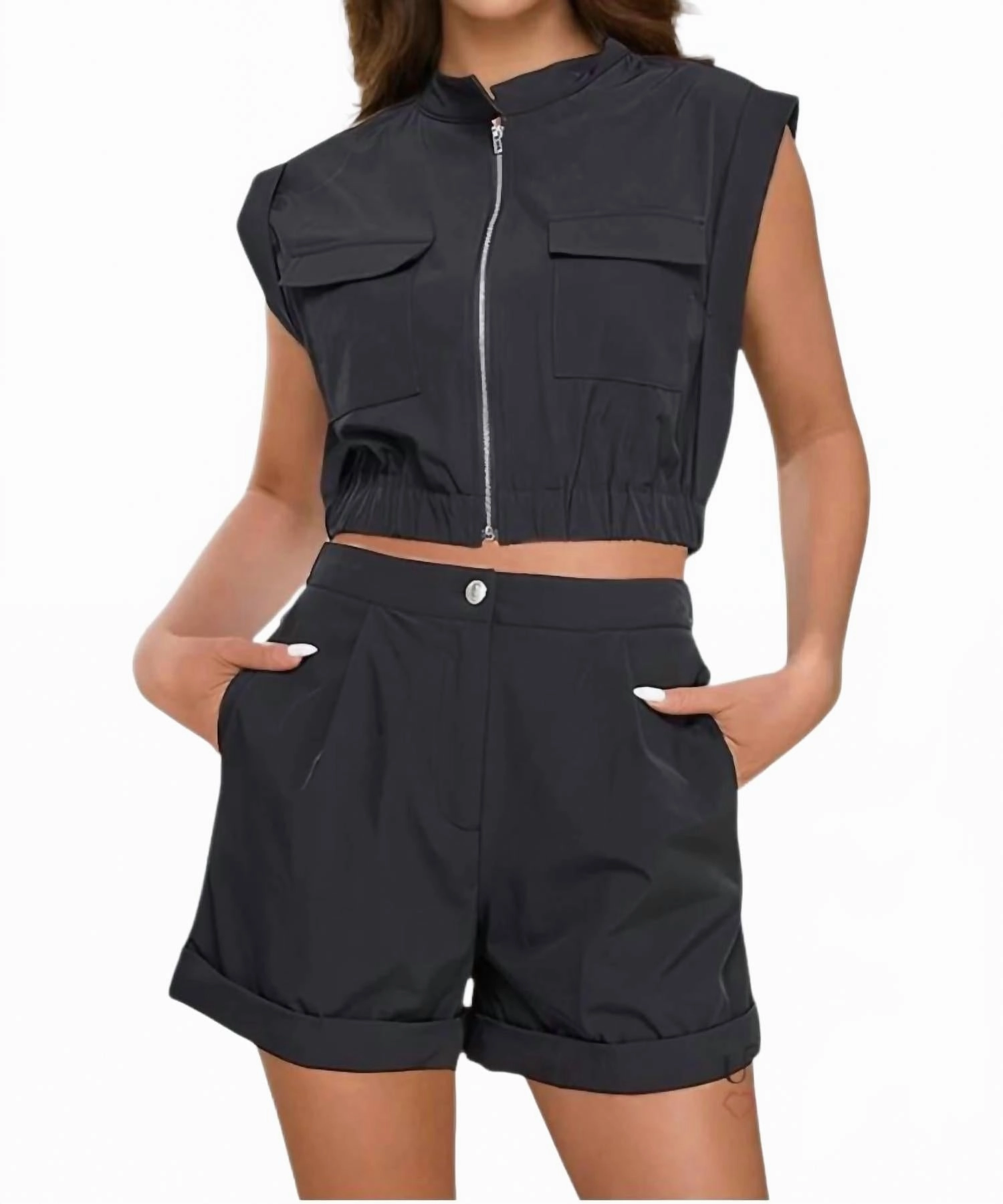 wrinkle free finish Short Sleeve Vest Top With Rolled Up Short Set In Black