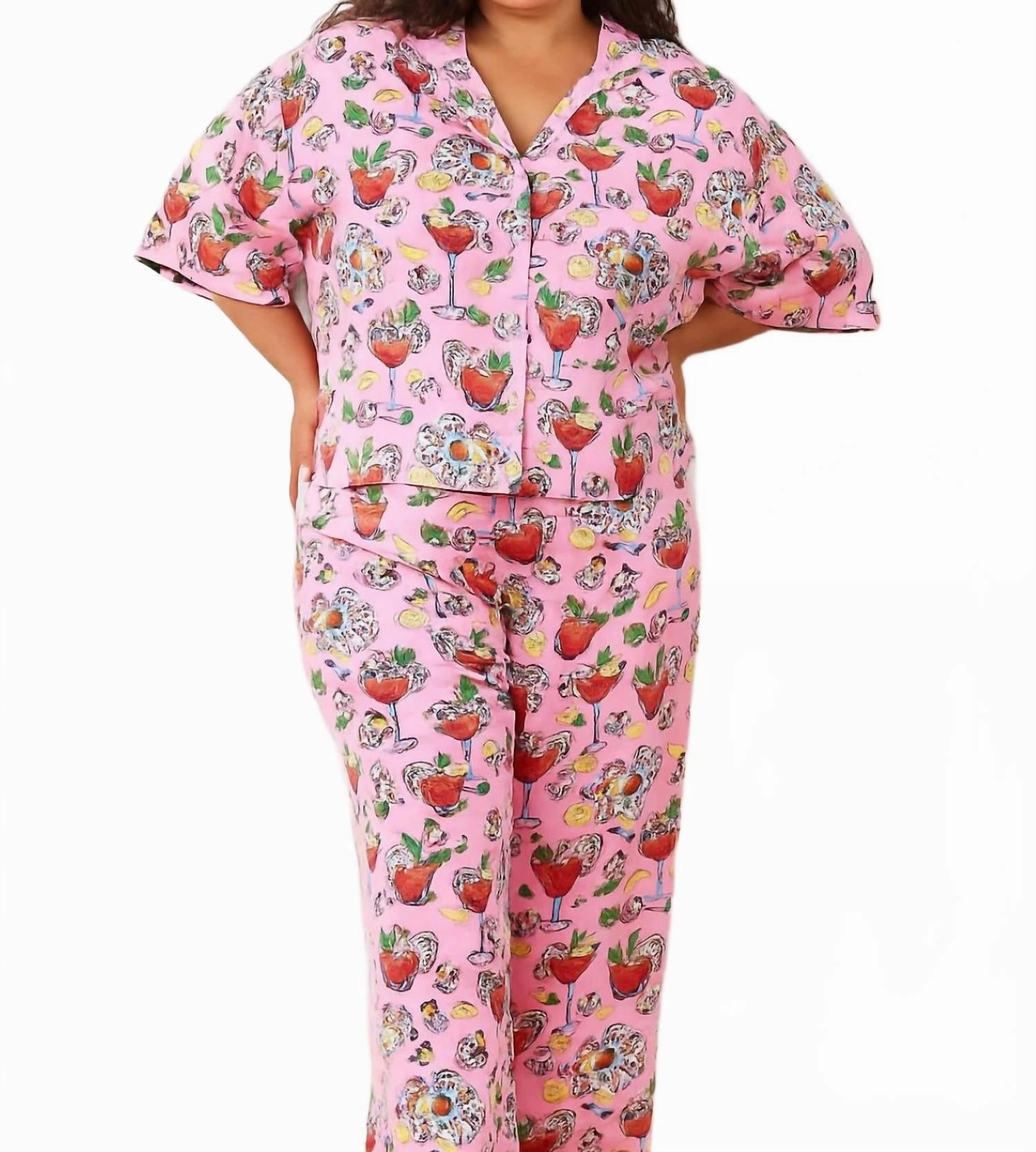 Shrimp Cocktail Pajama Set - Plus In Pink Anti Pilling Technology Static Resistant Fibers