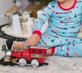 Boys Winter Long Sleeve Pajama Set In Blue Layered Hem Design