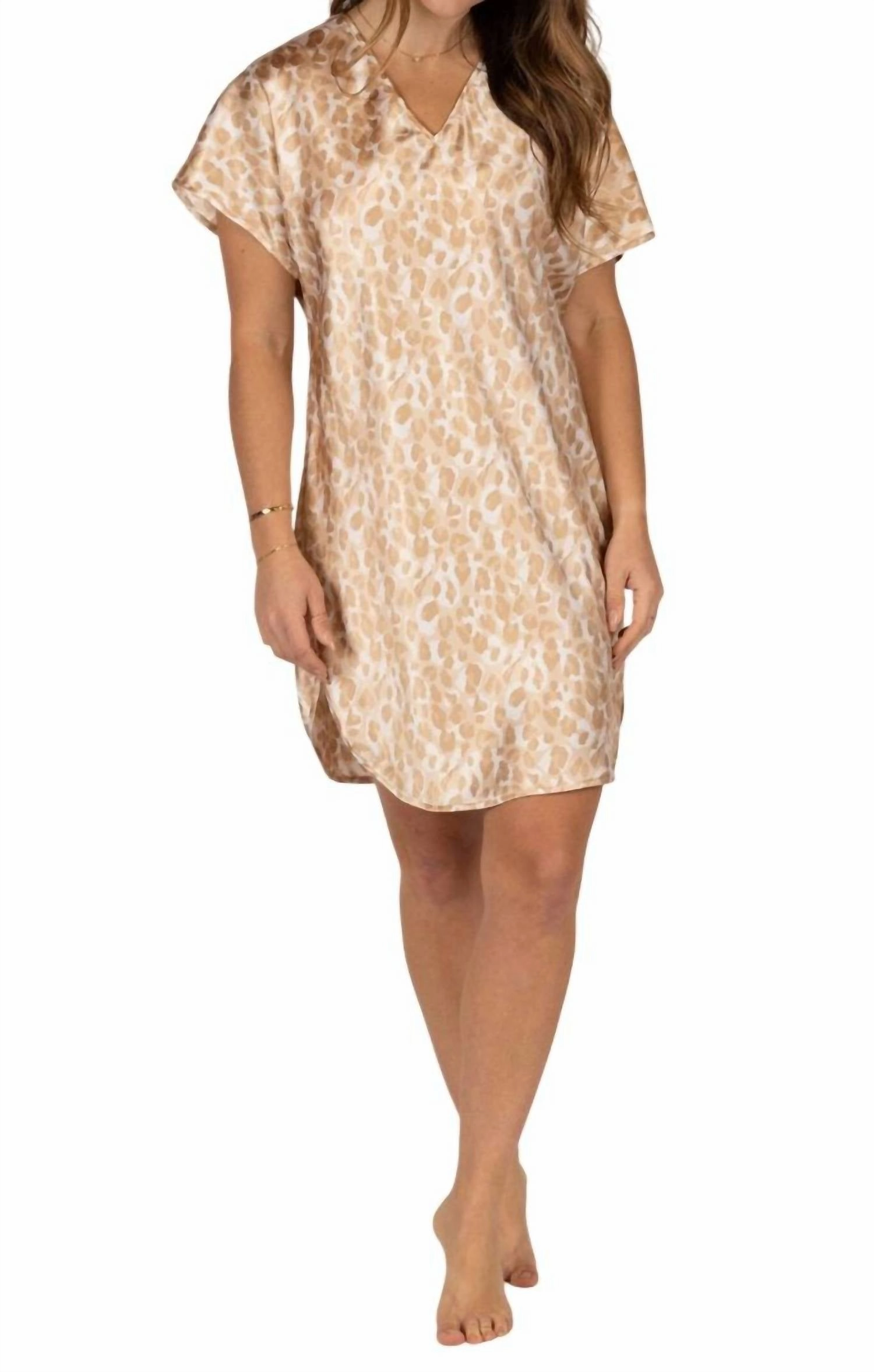 Simply Charming Satin Sleepshirt In Latte Leopard Non Chafe Seams High Breathability Knit