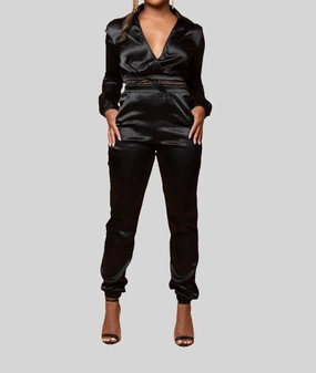 Slay Bae Satin Set In Black Crew Neckline AntiSlip Grip Hem