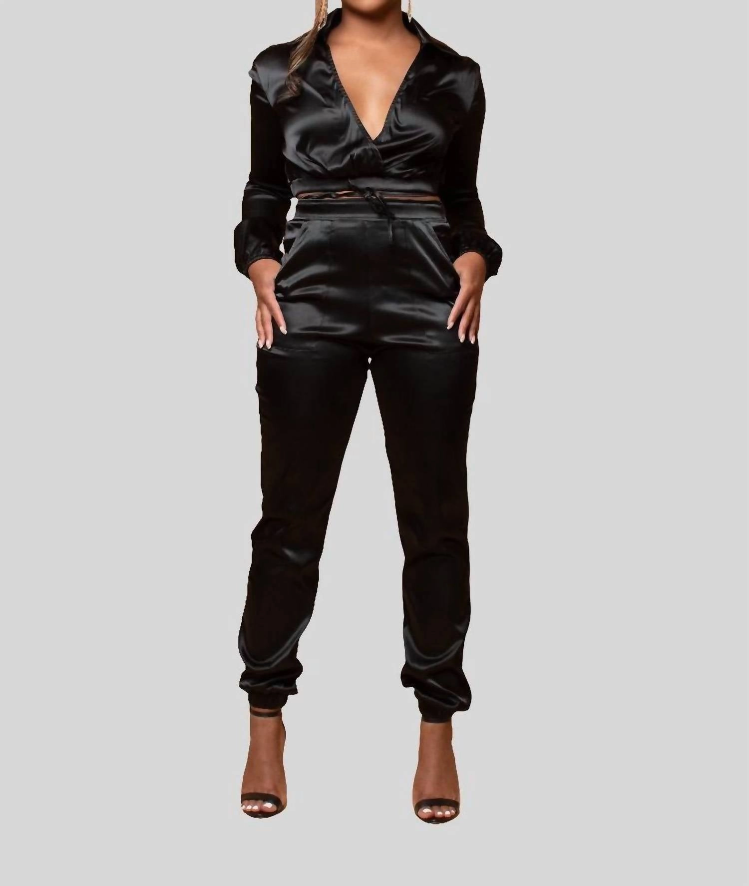 Slay Bae Satin Set In Black Crew Neckline AntiSlip Grip Hem