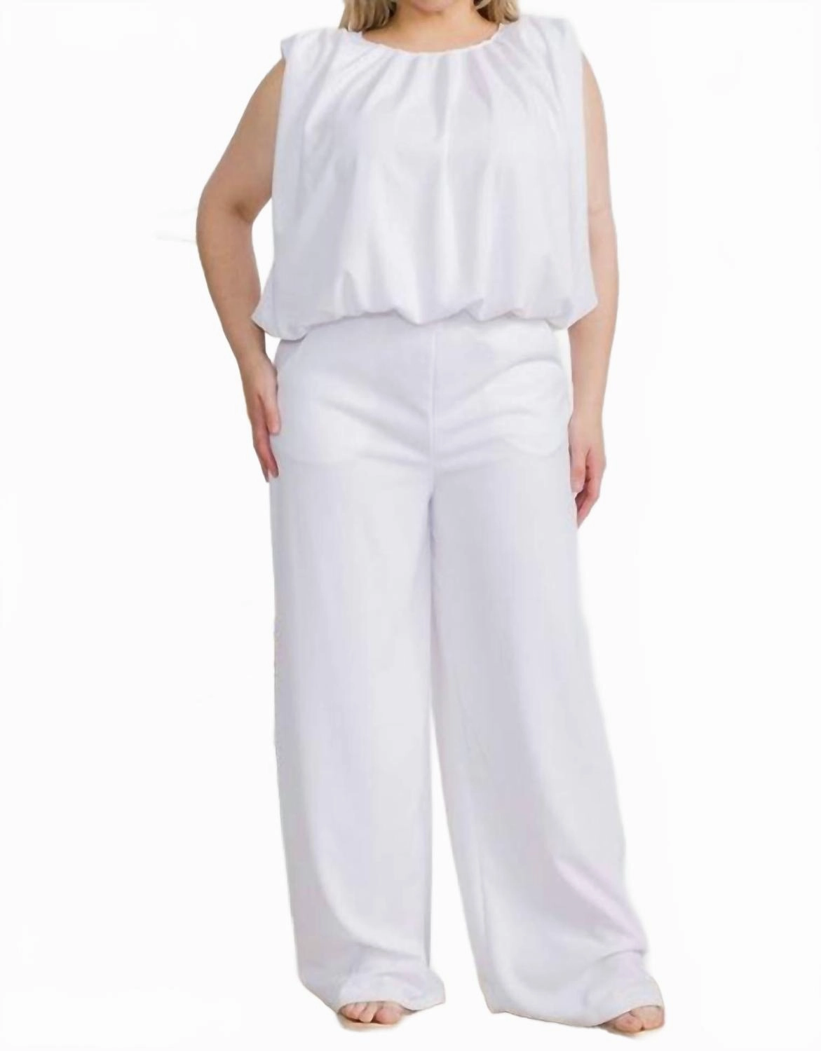 Sleeveless And Wide-Leg Pant Set In White Ribbed Collar Design Reinforced Edges