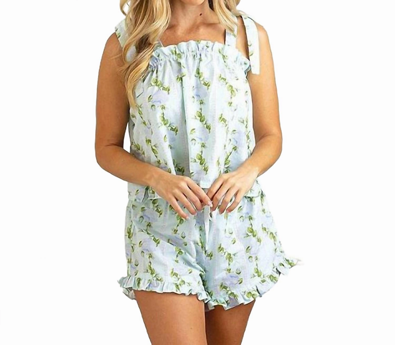 Versatile Styling TemperatureRegulating Fabric Sleeveless Tie Top Woven Vintage Rose Print Shorty Pajama Set In Green Multi