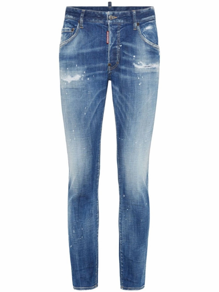 Relaxed Thigh Cut Slim-Fit Blue Denim Jeans With Distressed Detailing