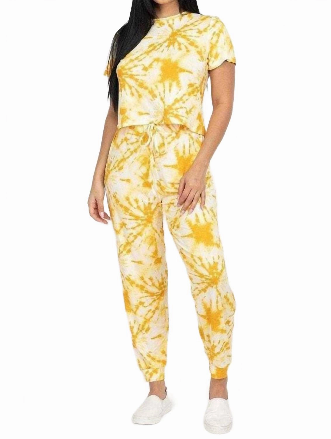 Tie-Dye Crop Top & Jogger Pants Set In Yellow Organic Cotton Blend Ultra Soft Weave