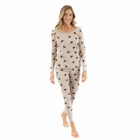 Womens Two Piece Cotton Pajamas Birds Crew Neckline Wide Ribbed Hem
