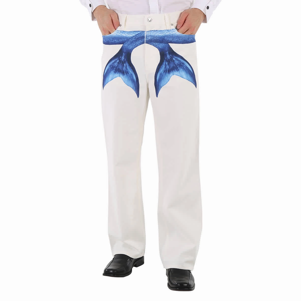 Burberry Men's White Mermaid Tail Printed Cotton-Denim Jeans Office Wear Trendy Home Comfort