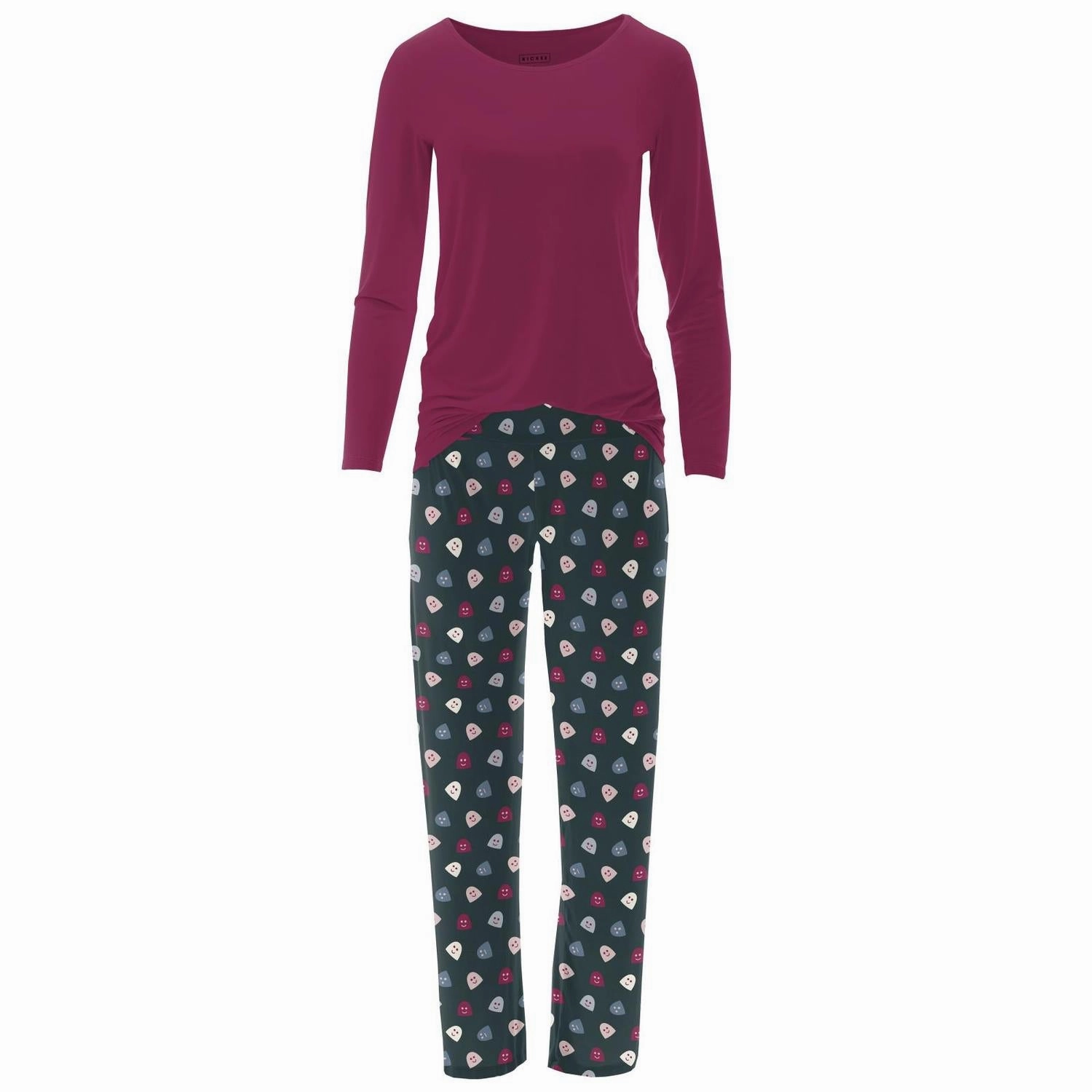 Women's Long Sleeve Tee & Pajama Pants Set In Pine Happy Gumdrops Reversible design Wide Ribbed Hem