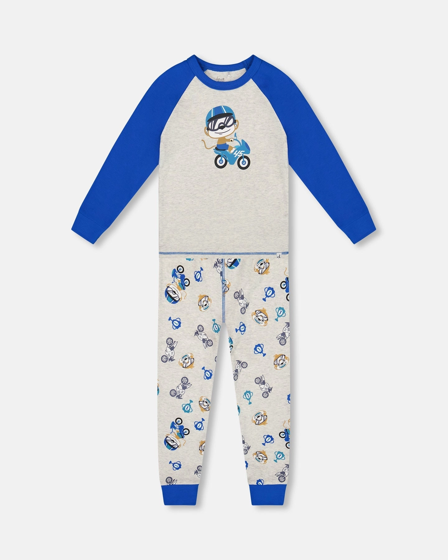 Elasticated Hem Jersey Fabric Two-Piece Organic Cotton Pajama Set Beige Monkey Print