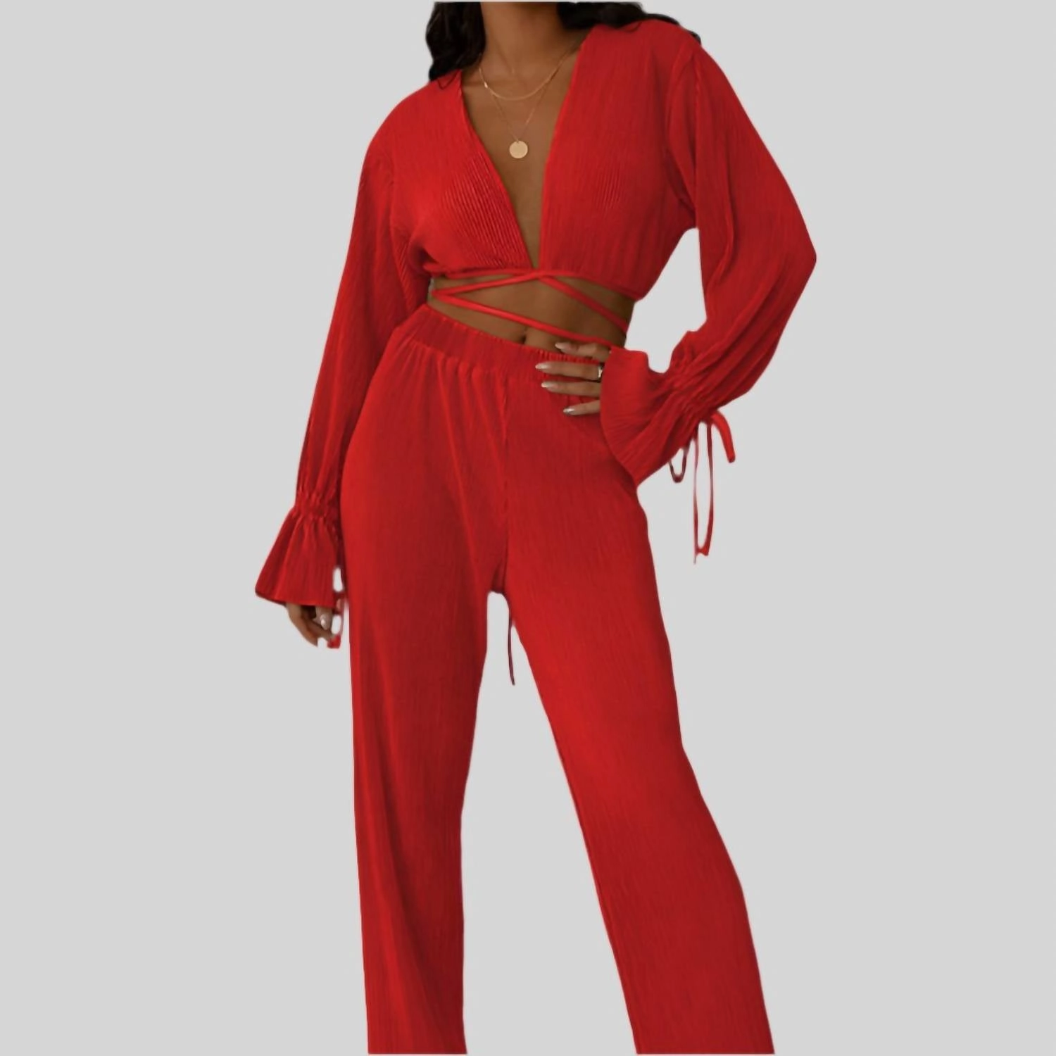 Zyrenne Plisse Pants Set In Red Double Needle Stitching