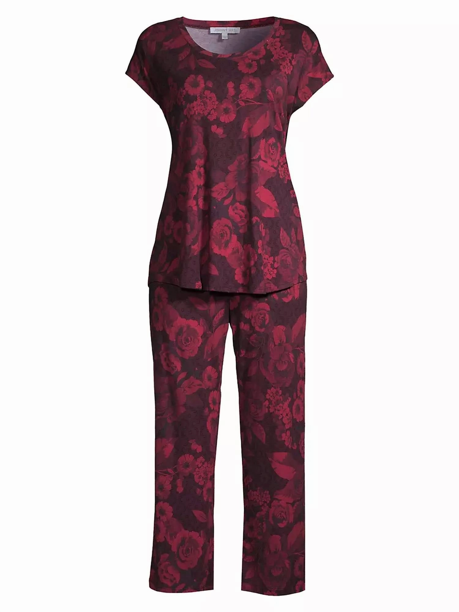 Carrie Cap Sleeve Crop Set Pajama In Red Soft touch finish Non Restrictive Silhouette