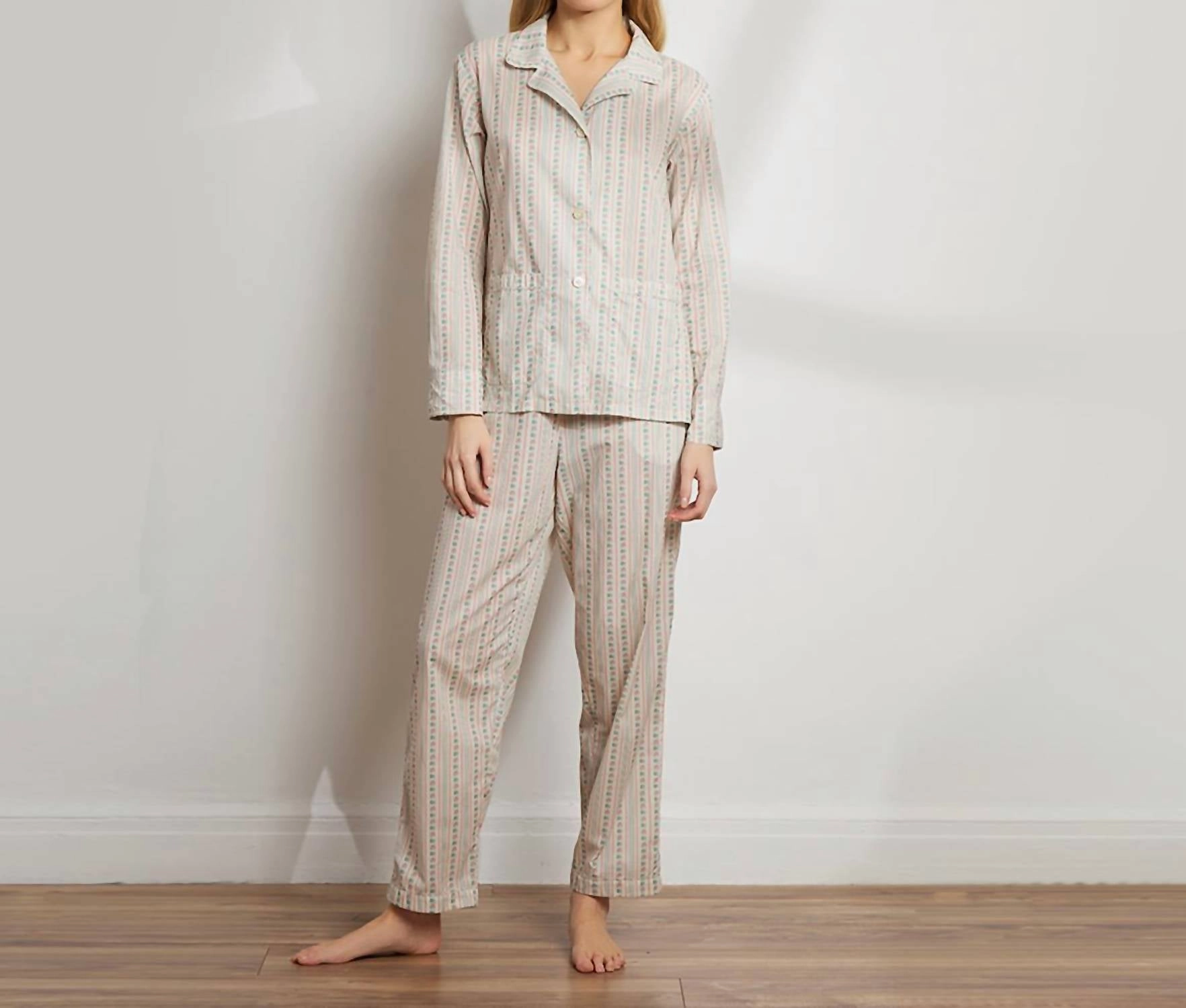 Printed Floral Cotton Long Pajama Set In Rose Wallpaper MoistureWicking Material