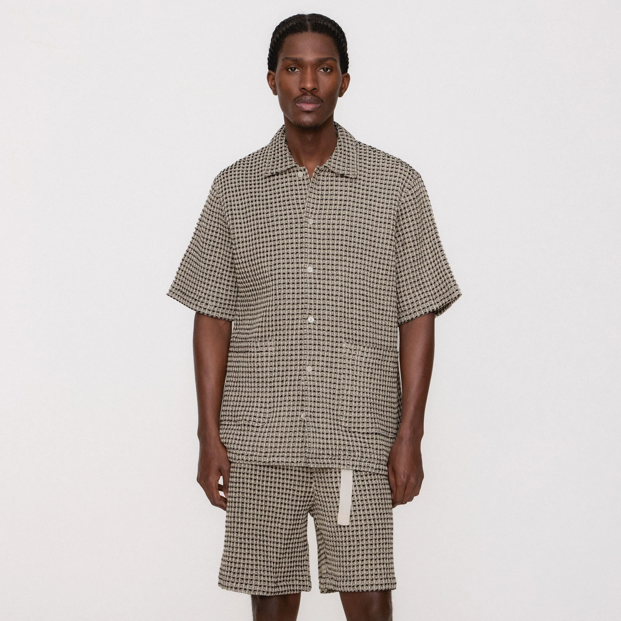 Non Irritating Seams V-neck style Kith Geometric Diamond Short Sleeve Boxy Collared Overshirt - Black