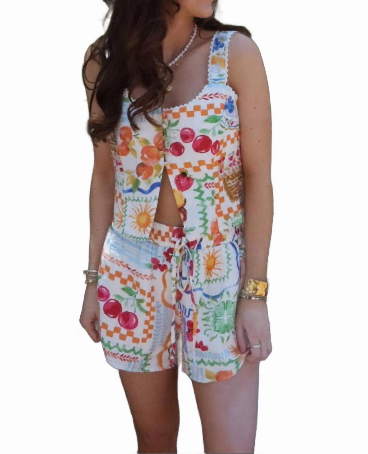 Breathable Material Summer Picnic Print Shorts & Tank Top Set In Multi