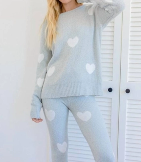 Drop Shoulder Organic Cotton Comfy Heart Loungewear Set In Sage, White
