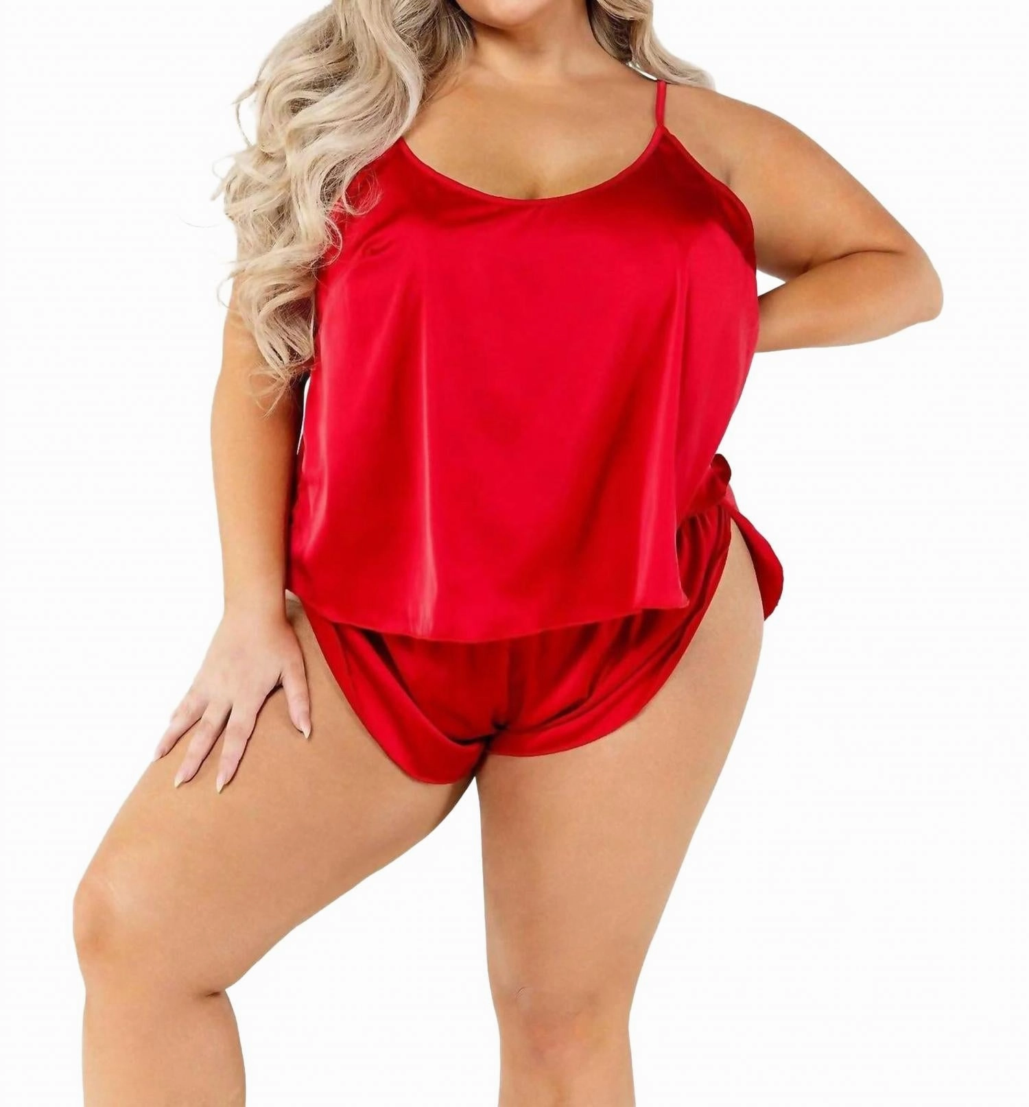 Breathable Material Minimalist Design Soft Satin Tulip Short Set - Plus In Red