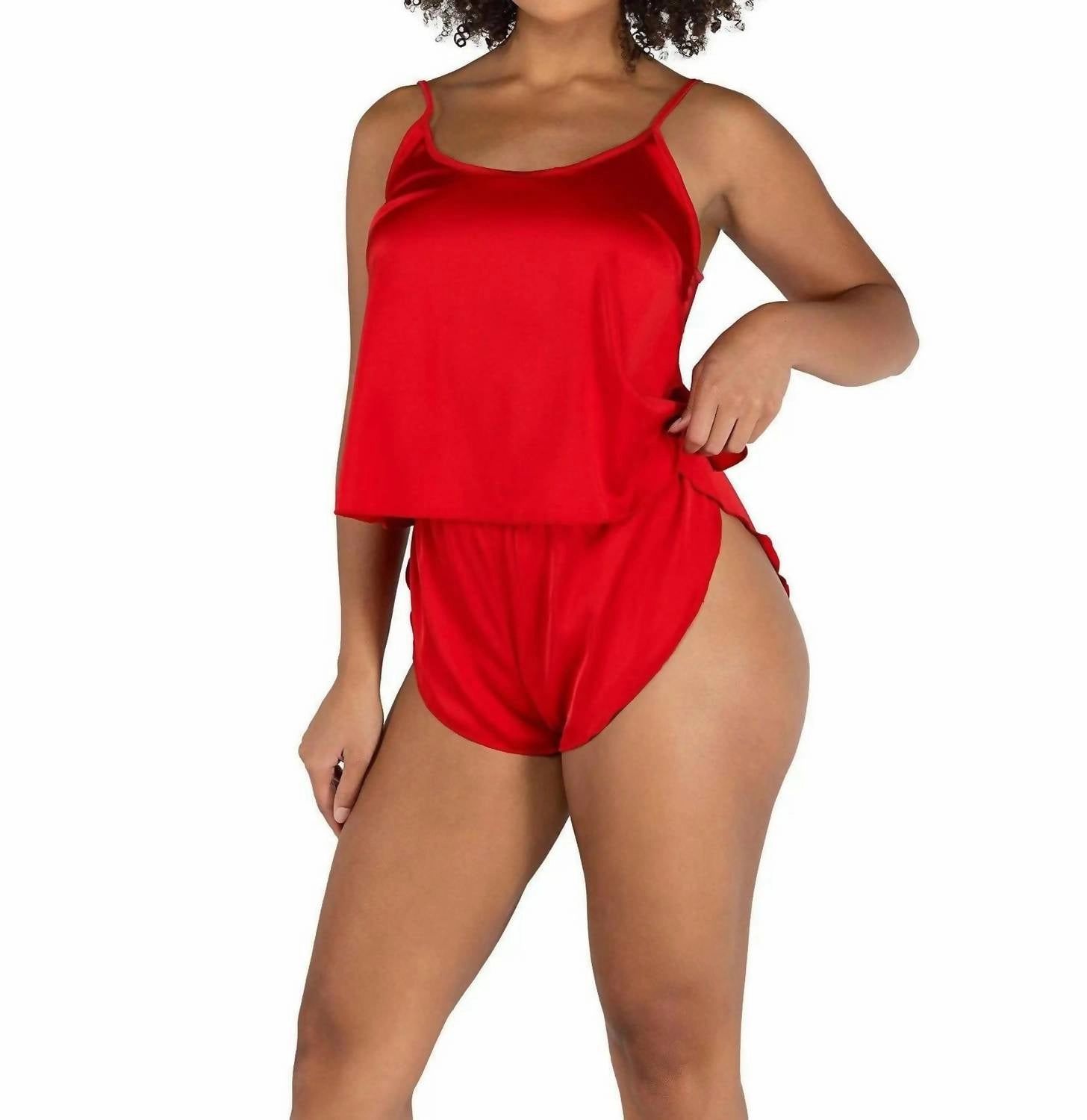 Multi Directional Stretch Soft Satin Tulip Short Set In Red