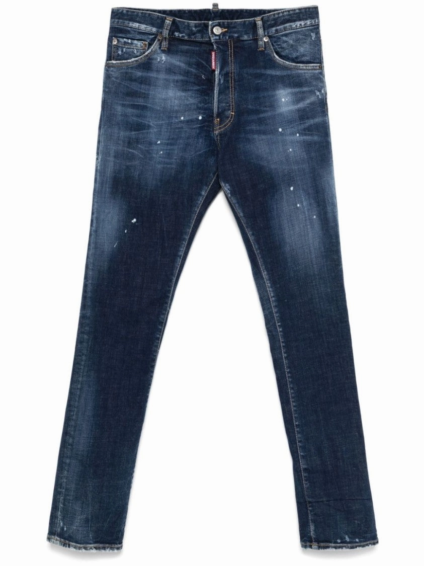 Minimal Look Slim Fit Distressed Blue Denim Jeans With Paint Splatters