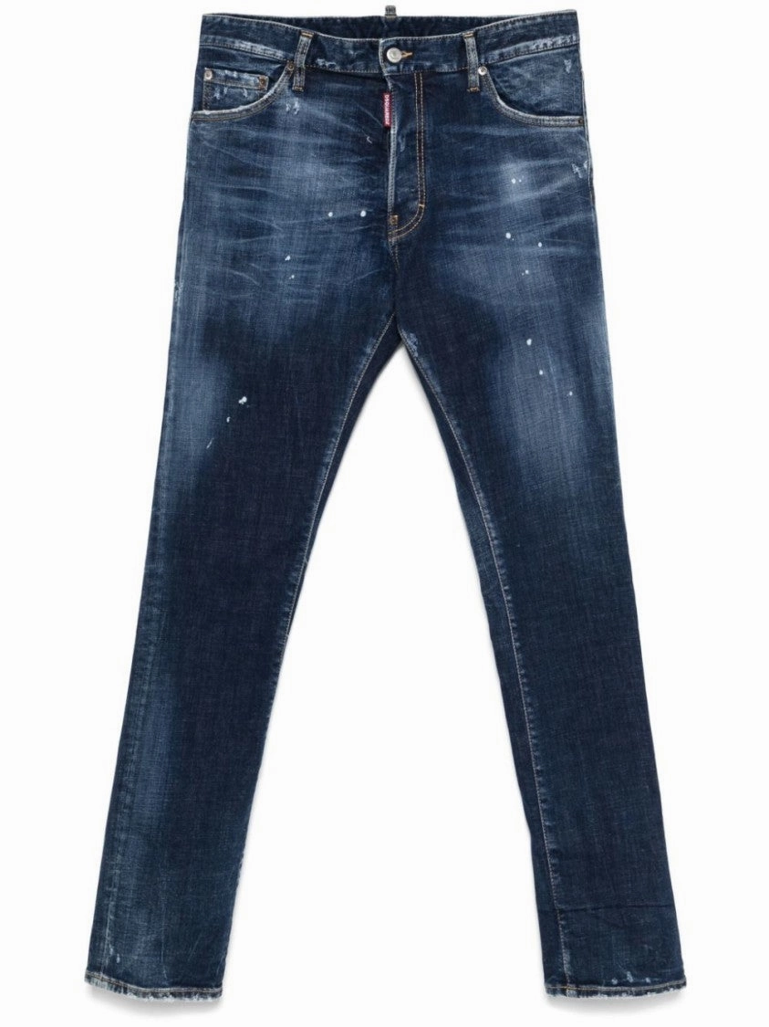 All Season Style Slim Fit Distressed Blue Denim Jeans With Paint Splatters