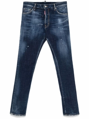 Couple Look Smooth Slim Fit Distressed Blue Denim Jeans With Paint Splatters