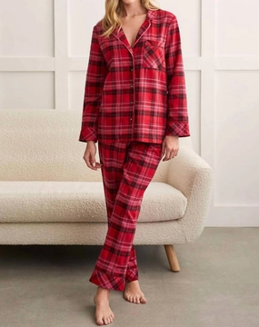 Wide Ribbed Hem Plaid Pajama Set In Red
