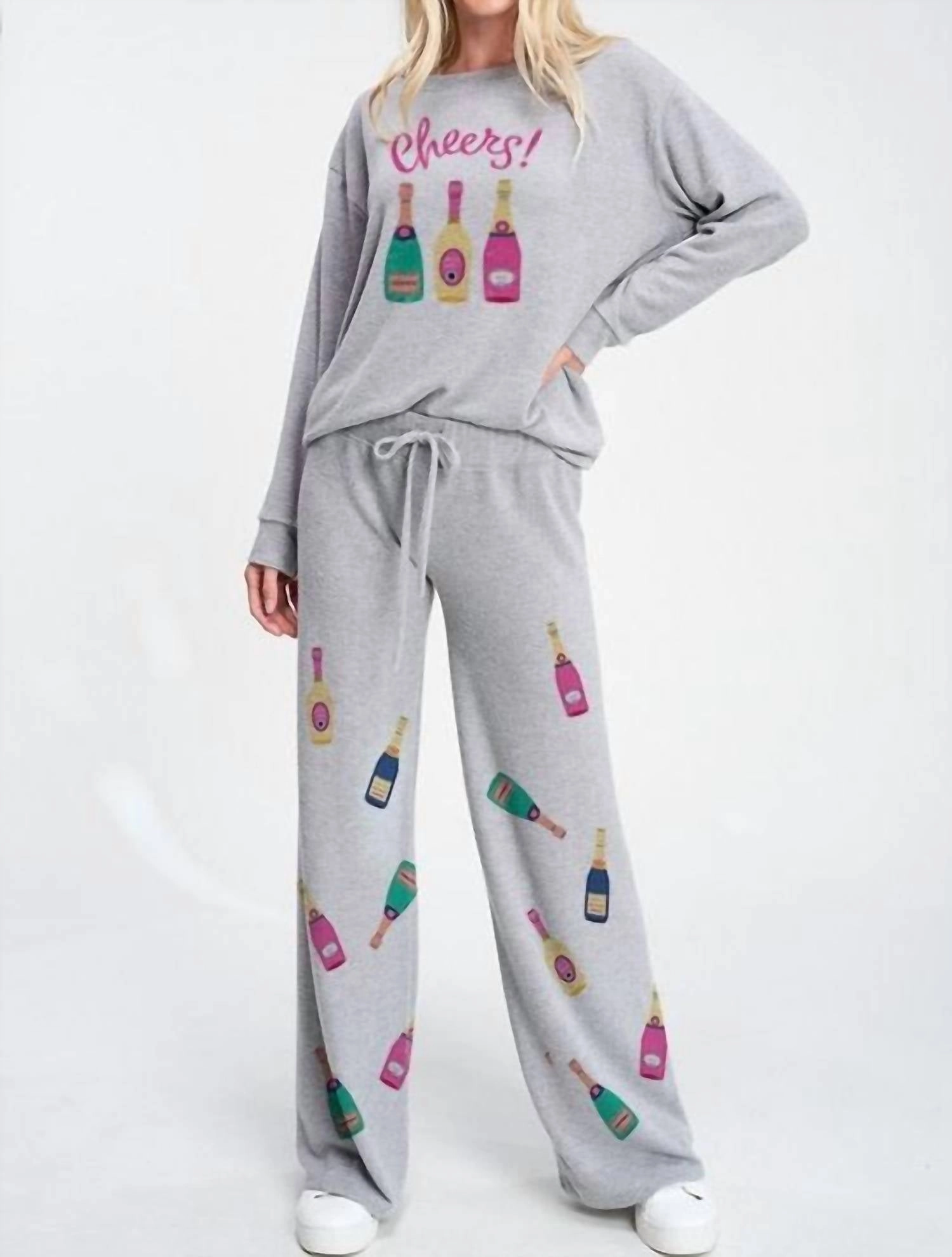 Elasticated Hem Low Impact Elastic Holiday Champagne Comfy Loungewear Set In Grey