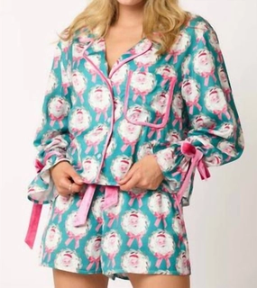 Zero Irritation Finish Versatile Layering Santa And Bow Prints Pajama Set In Teal