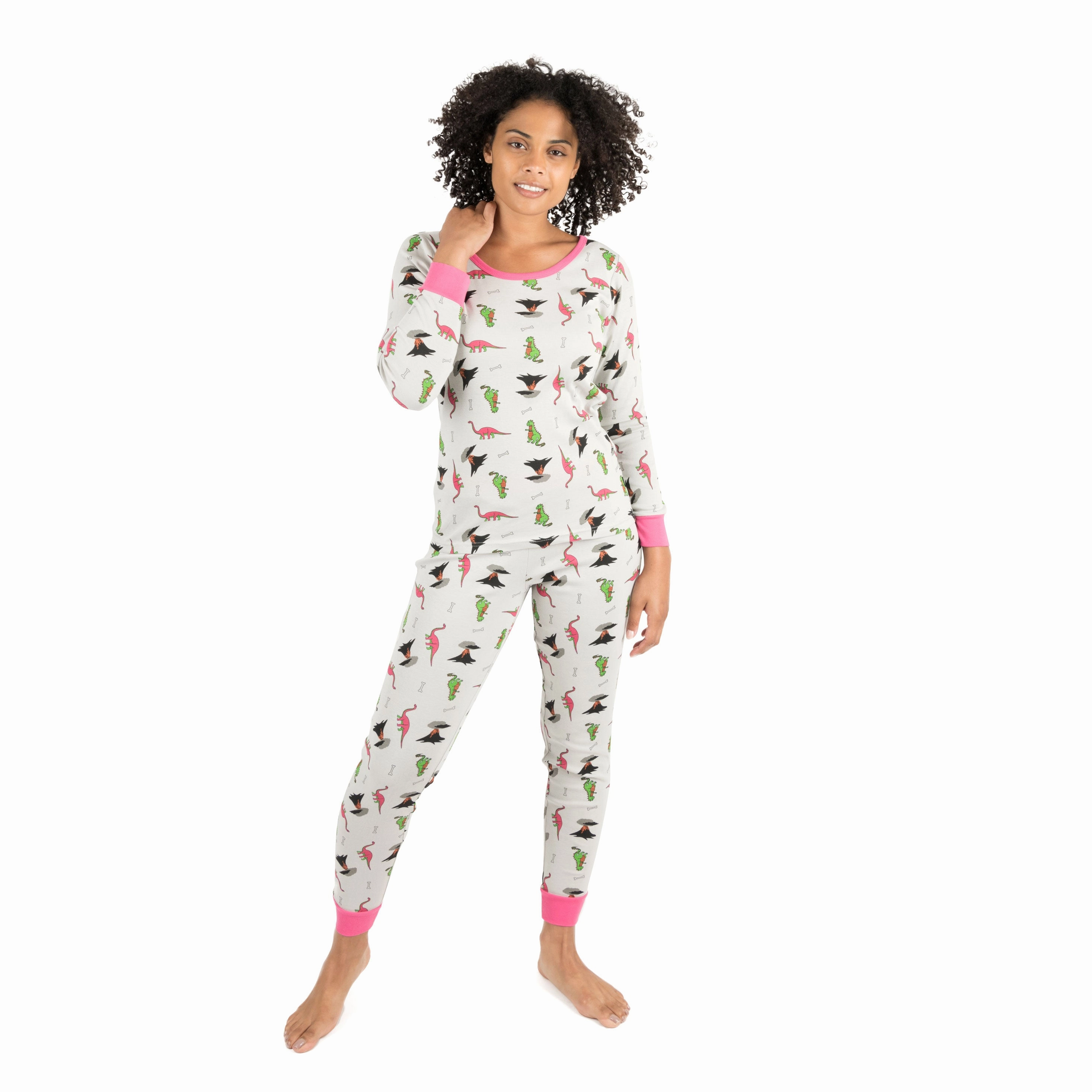 Womens Two Piece Cotton Pajamas Dinosaur Gray Non Restrictive Design Crew Neckline