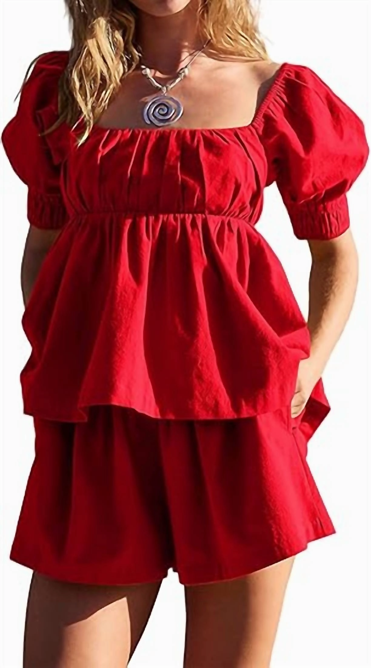 Tessa Puff Sleeve Short Set In Tomato Odor Resistant Tech