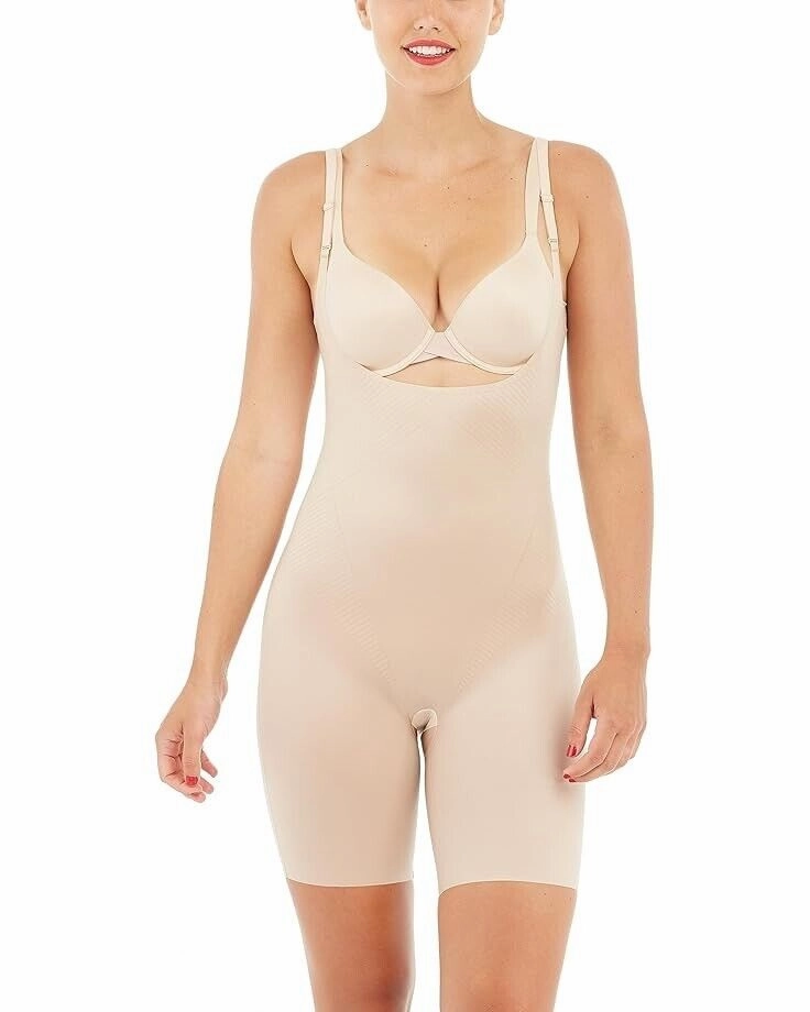 Spanx Thinstincts 2.0 Women 3X Beige Stretch Open-Bust Mid Thigh Bodysuit JDM470 Soft Jersey Knit Minimalist Stitching