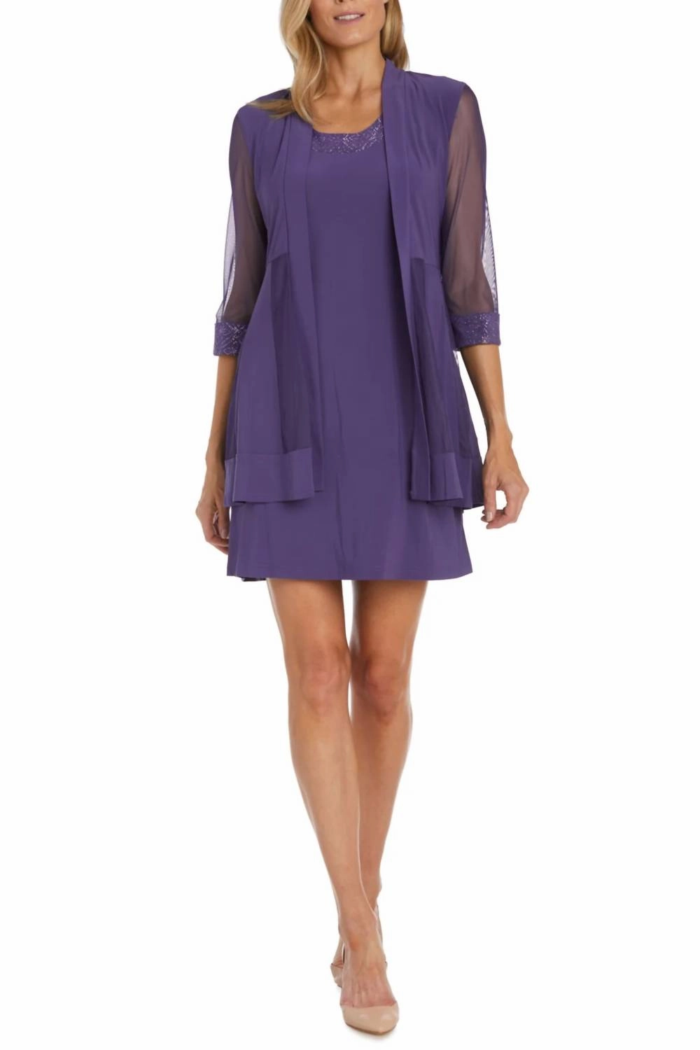 Sparkle Mesh Knee-Length Jacket & Dress Set In Lavender Moisture Control Fabric Flexible Elastic Seams