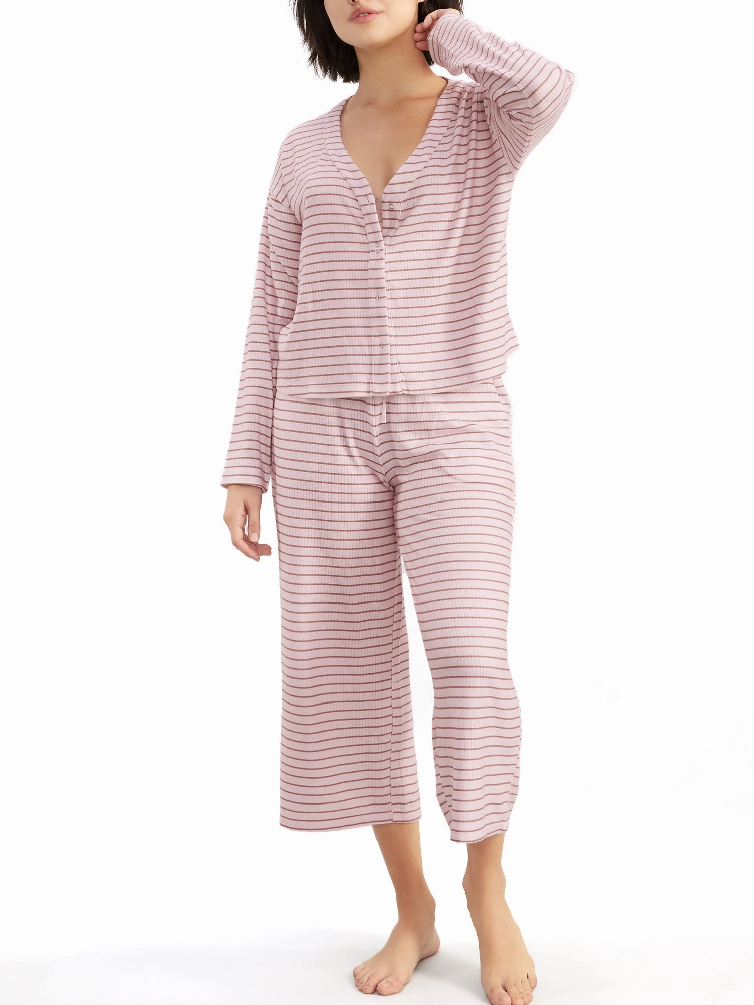Splendid Women's Cardigan Knit Cropped Pajama Set Flatlock stitching Abrasion Resistant Edges