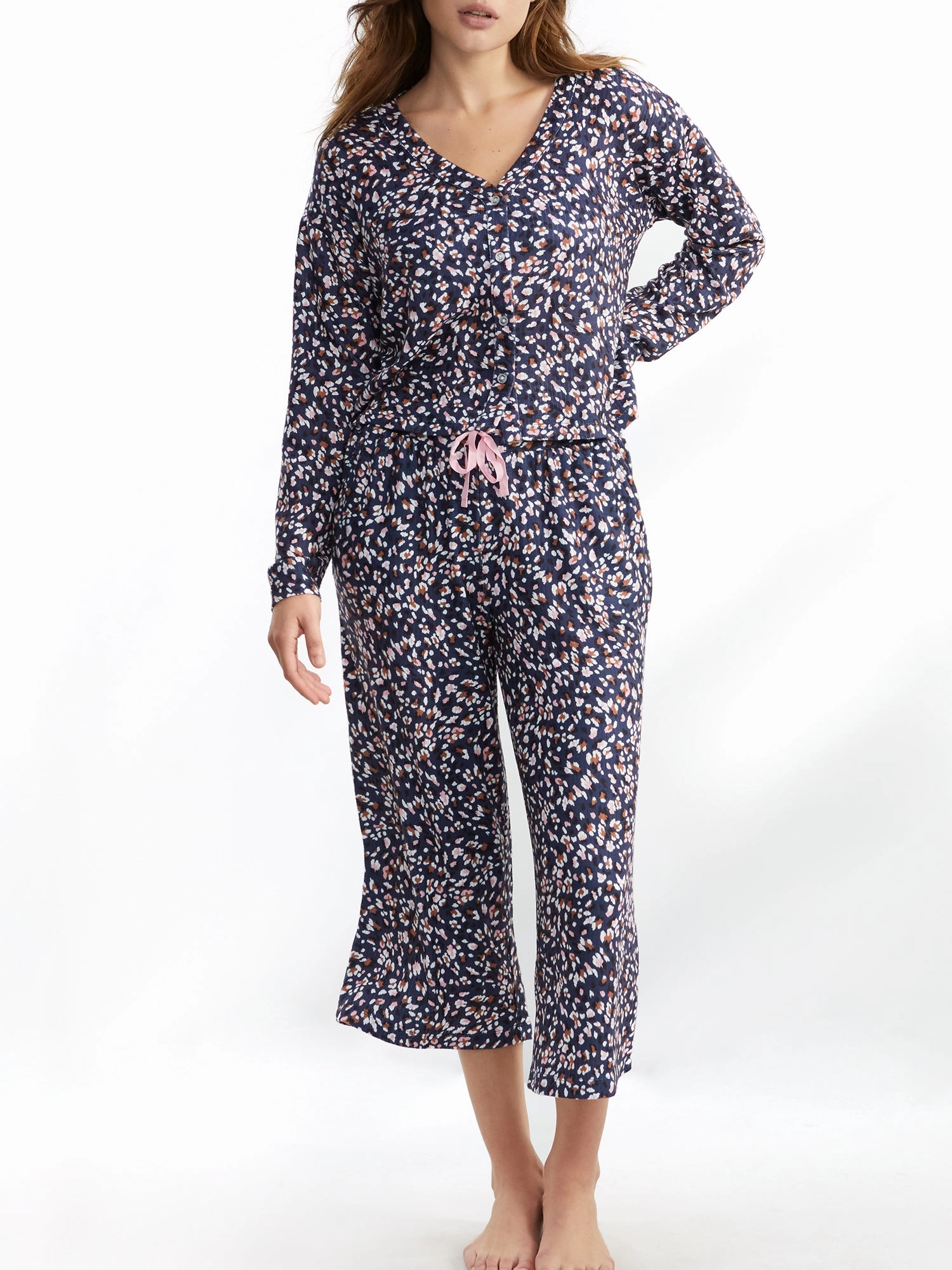 Splendid Women's Cardigan Knit Cropped Pajama Set HighWaisted Design Moisture Control Fabric