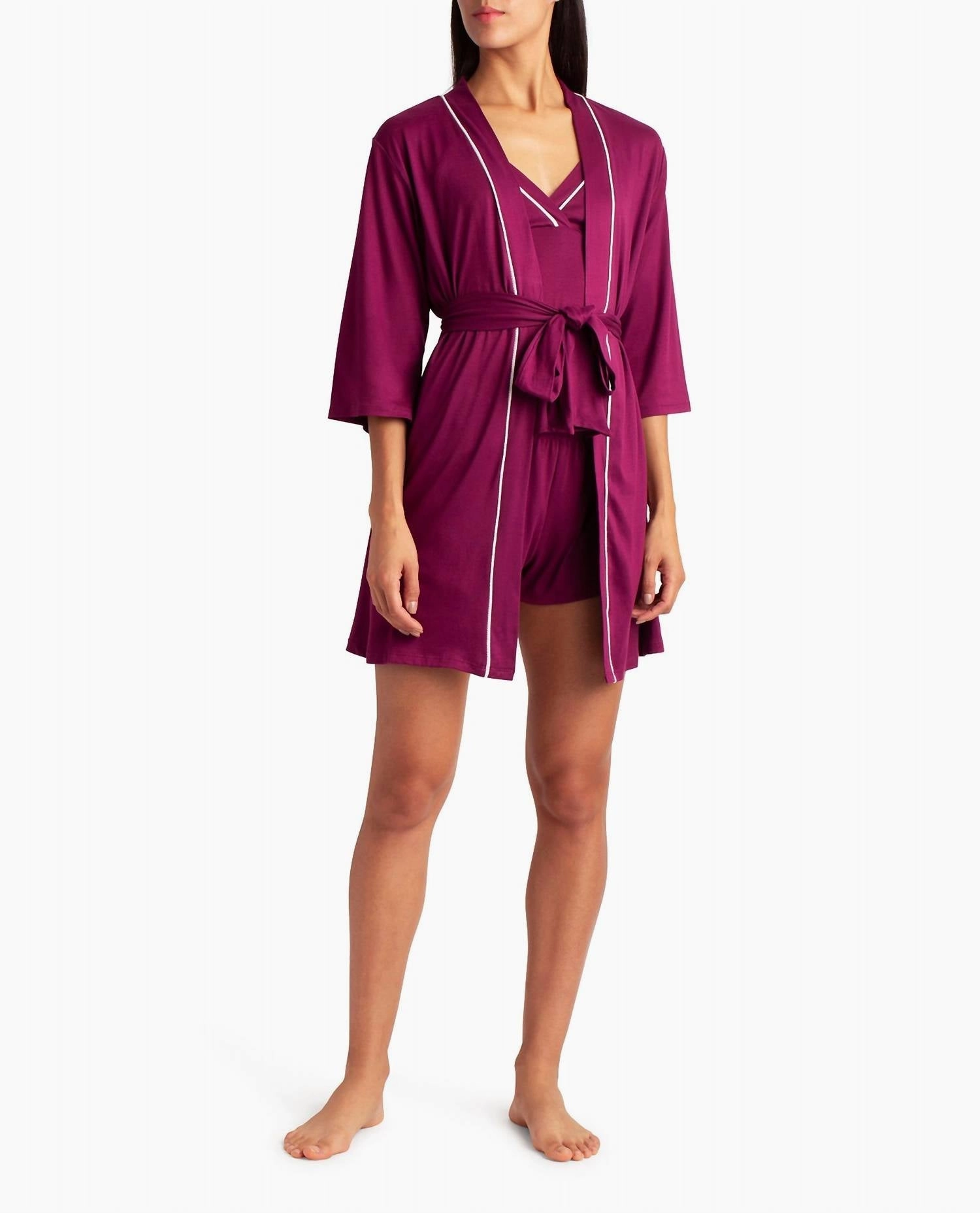 Oversized Comfort Organic Cotton Blend Peached Jersey Three-Piece Sleepwear Set In Persian Fig