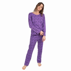 Womens Two Piece Cotton Loose Fit Pajamas Dog Paw Purple MachineWashable Fabric Wide Leg Opening Design