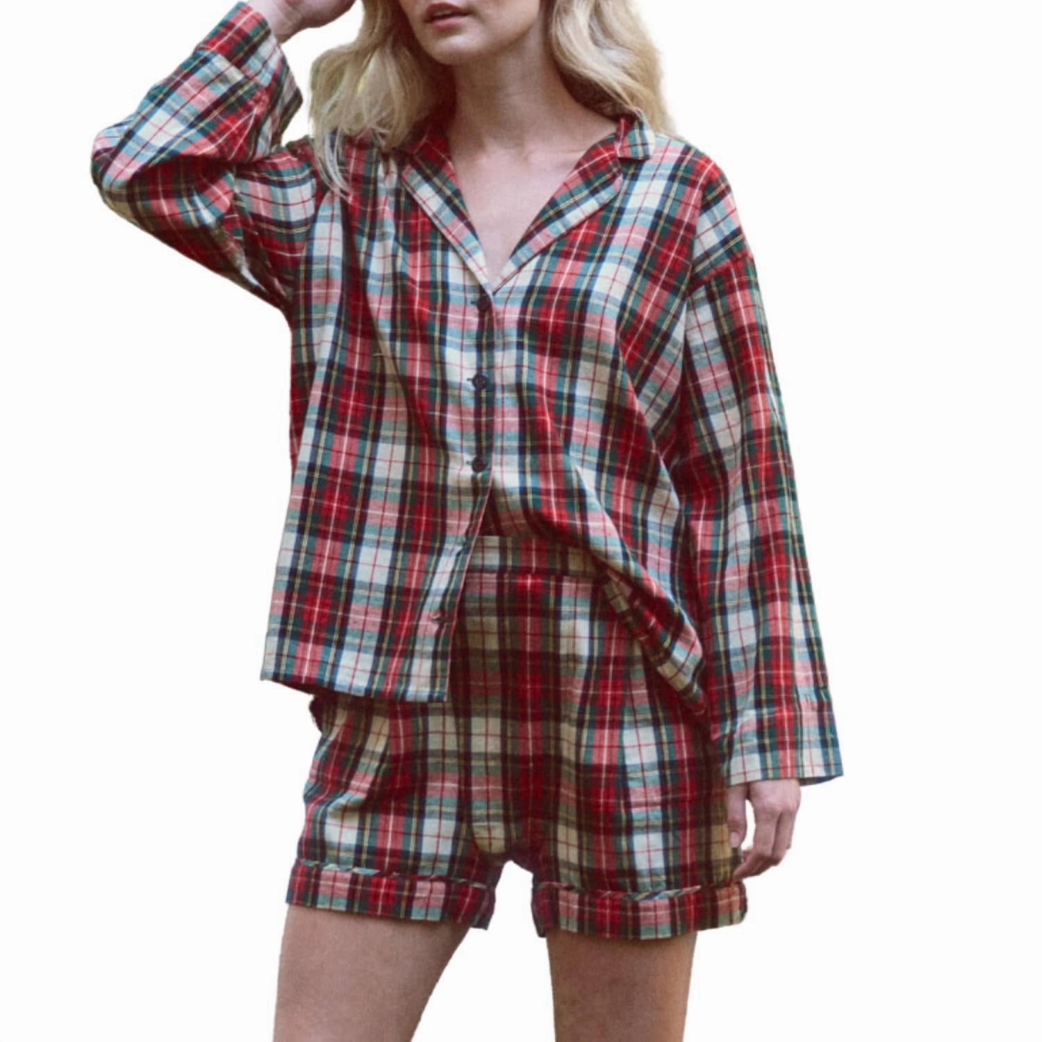 Square Short Pajama Set In Winter Cabin Plaid Cozy Fleece Backing Roomy Fit