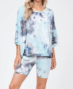 AllDay Comfort Starlet Tie Dye Shorts Set In Mint/navy