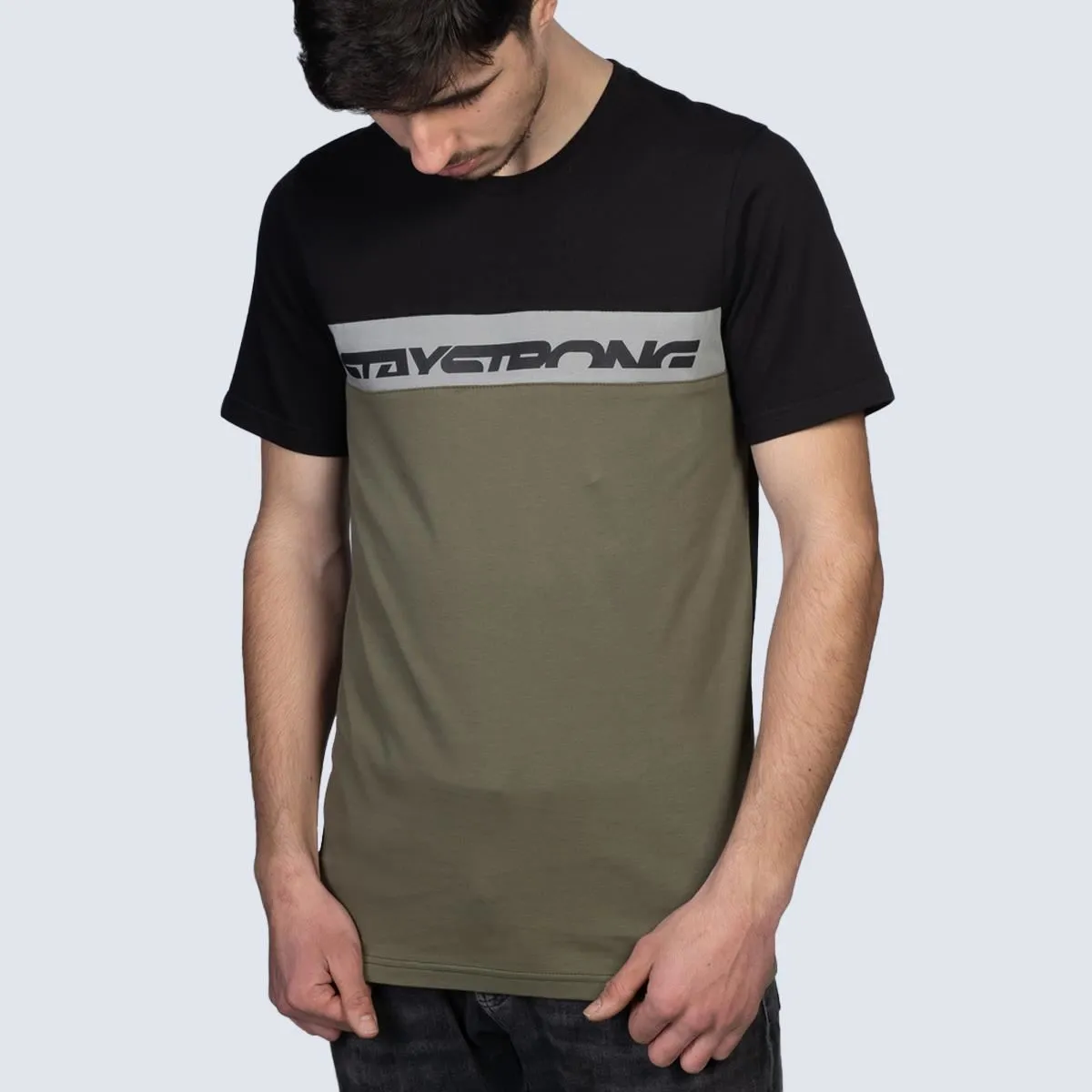 Stay Strong Cut Off T-Shirt - Black/Green Striped modernity
