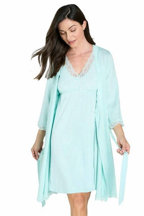 Leslie Three Quarter Sleeve Robe In Misty Jade Dropped Shoulder Cut