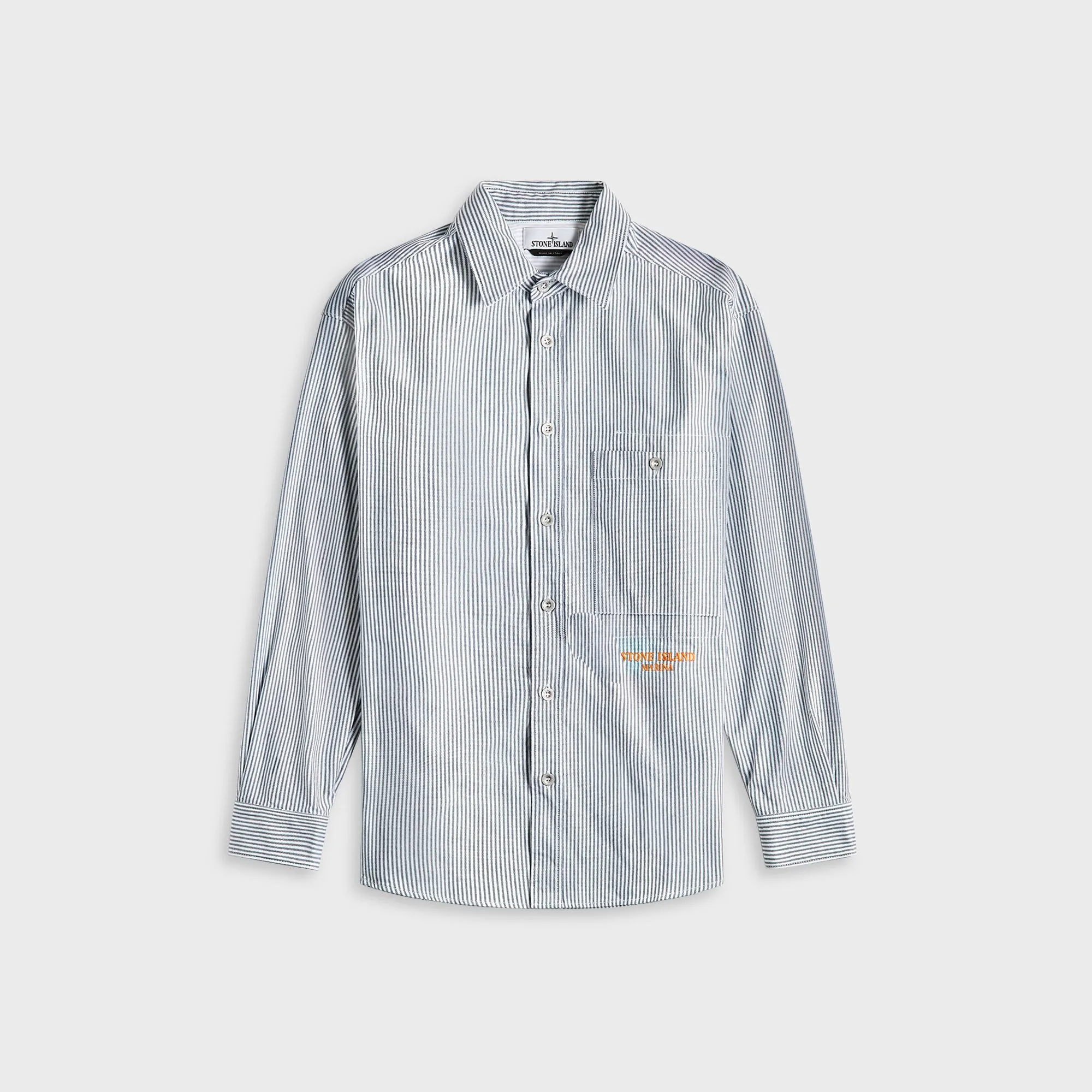 V-Neck Stone Island Striped Oxford Cotton Marina Shirt - Blue Marine