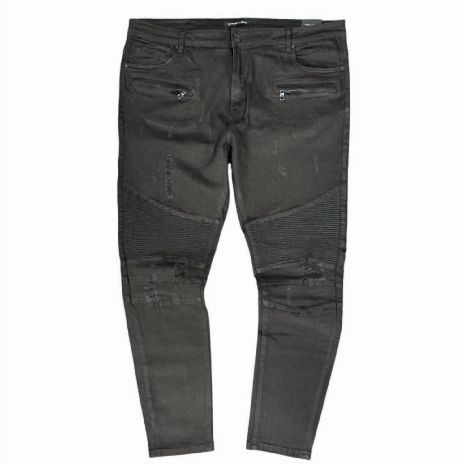 Men's Moto Denim Jeans In Black Night Out Neutral Textured
