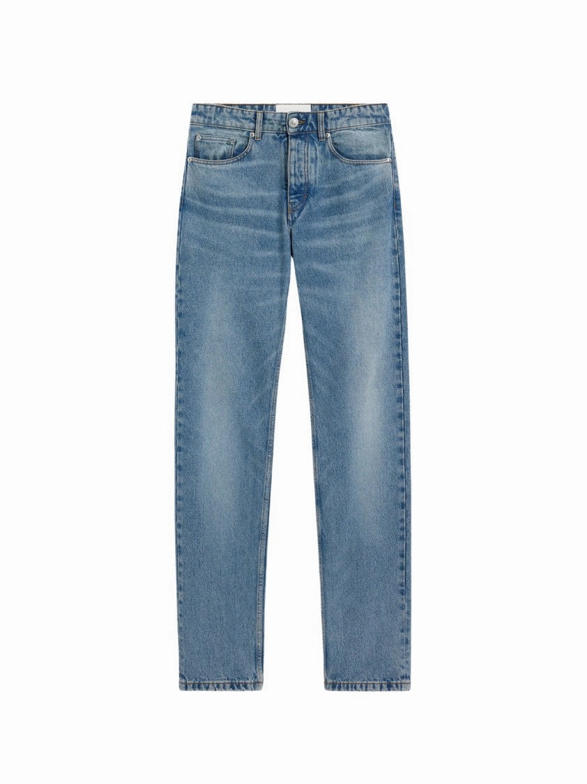 Neutral Daily Wear Adult Fashion Fashion Lover Youth Style Smooth Straight-Leg Denim Jeans With Faded Blue Wash And Leather Accent