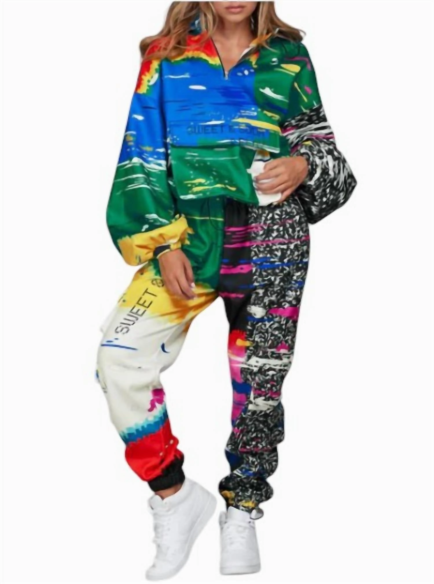 High Rise Fit Flexible Stretch Fabric Street Action Jogger Set In Multicolor