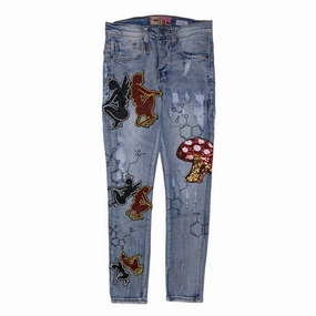 Men's Mushroom Angel Vs Devil Denim Jeans In Indigo Outdoor Casual All-Purpose Use