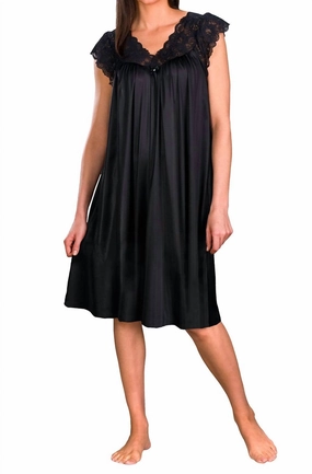 Cozy Fleece Backing Layered Collar Short Lace Cap Sleeve Nightgown In Black