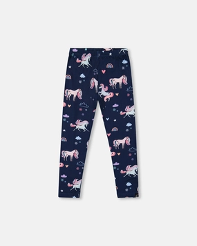 LowProfileStitching Stretch Jersey Leggings Navy Unicorn Print