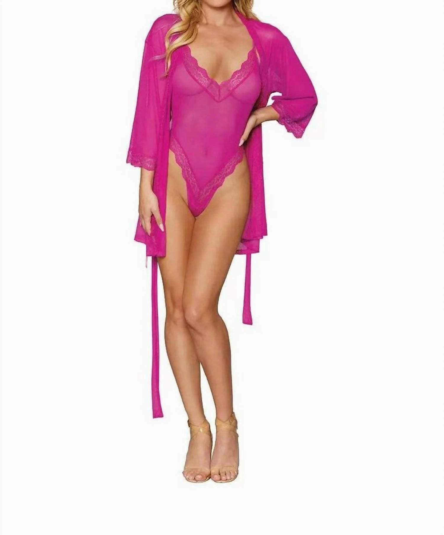 Ultra Stretch Waistband French Terry Stretch Mesh Teddy And Robe Set In Azalea