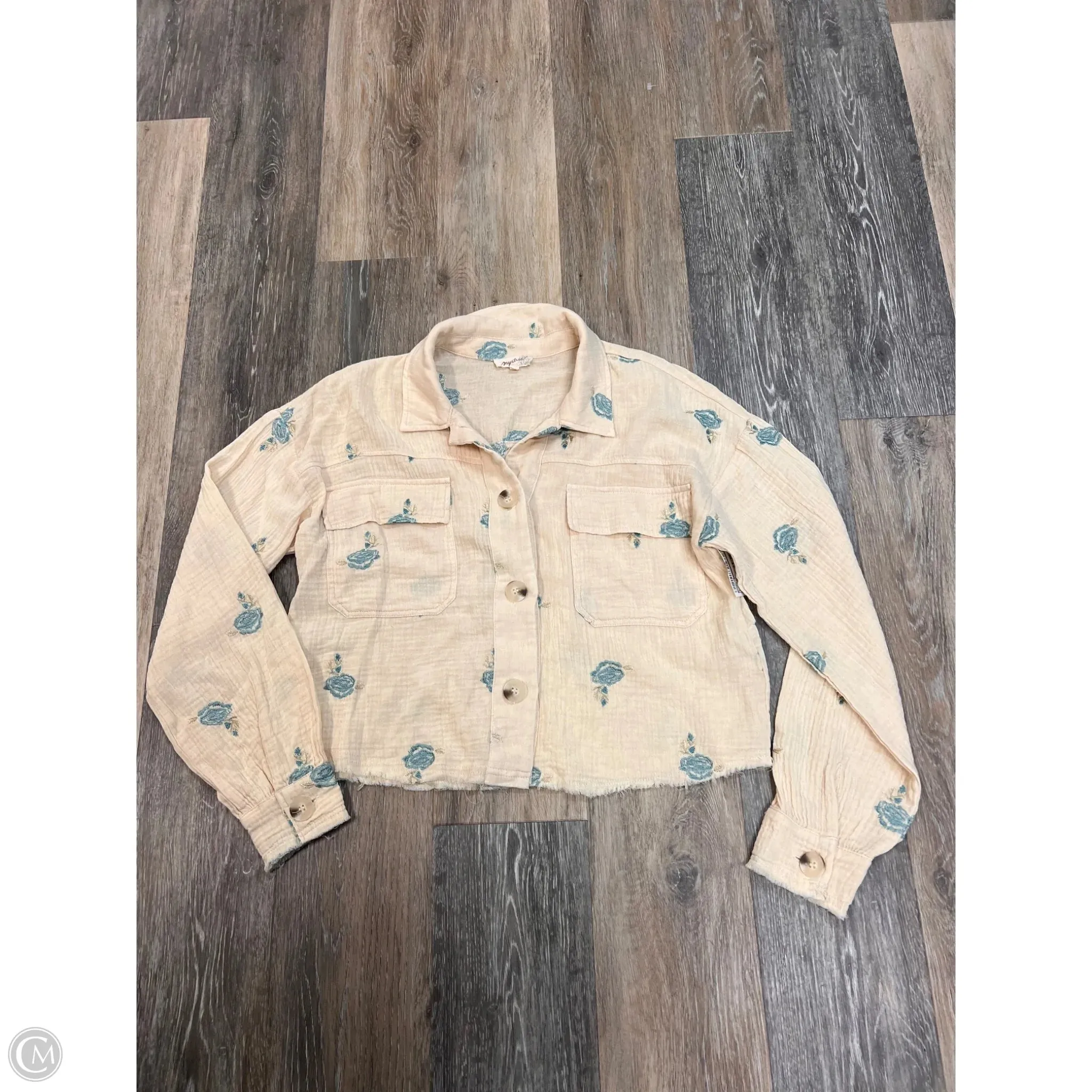 High Density Weave ReinforcedEdges Blouse Long Sleeve By Mystree In Blue & Cream, Size: S
